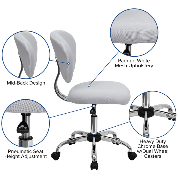 White |#| Mid-Back White Mesh Padded Swivel Task Office Chair with Chrome Base