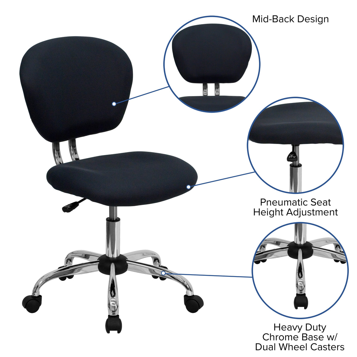 Gray |#| Mid-Back Gray Mesh Padded Swivel Task Office Chair with Chrome Base