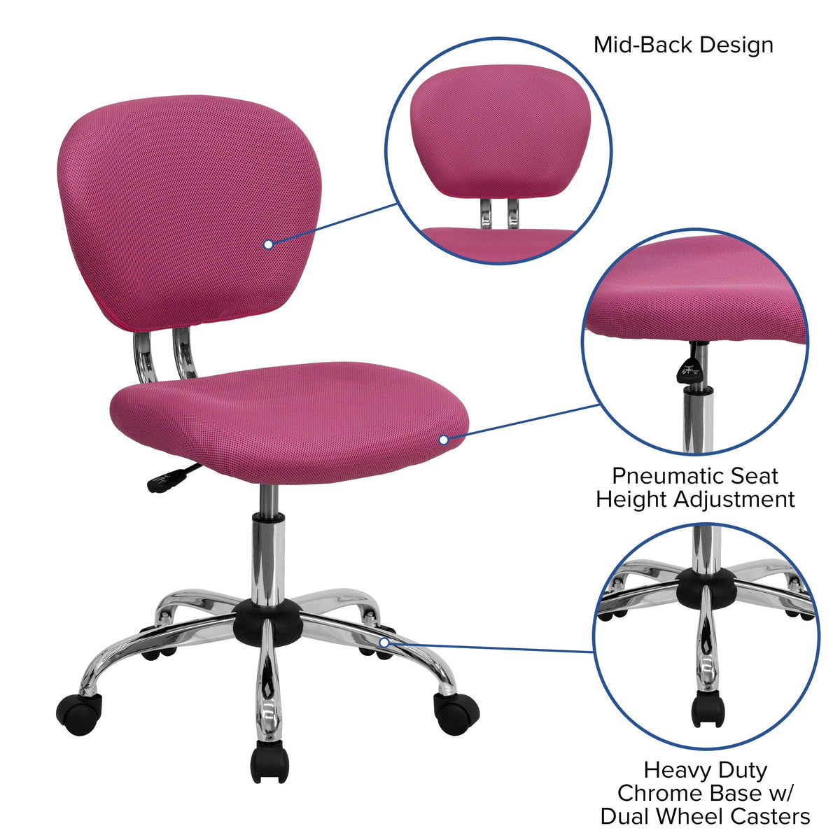 Pink |#| Mid-Back Pink Mesh Padded Swivel Task Office Chair with Chrome Base