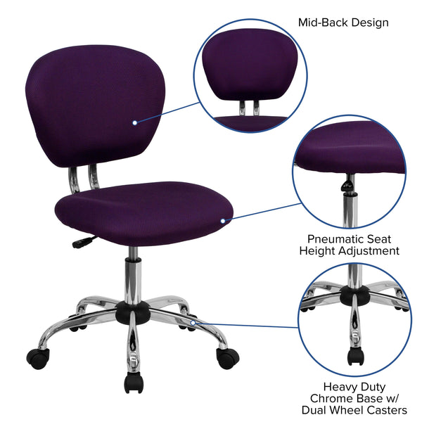 Purple |#| Mid-Back Purple Mesh Padded Swivel Task Office Chair with Chrome Base