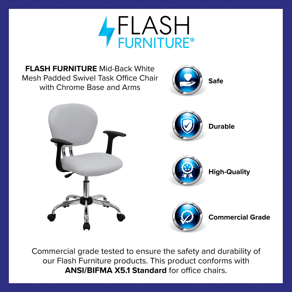 White |#| Mid-Back White Mesh Padded Swivel Task Office Chair with Chrome Base and Arms