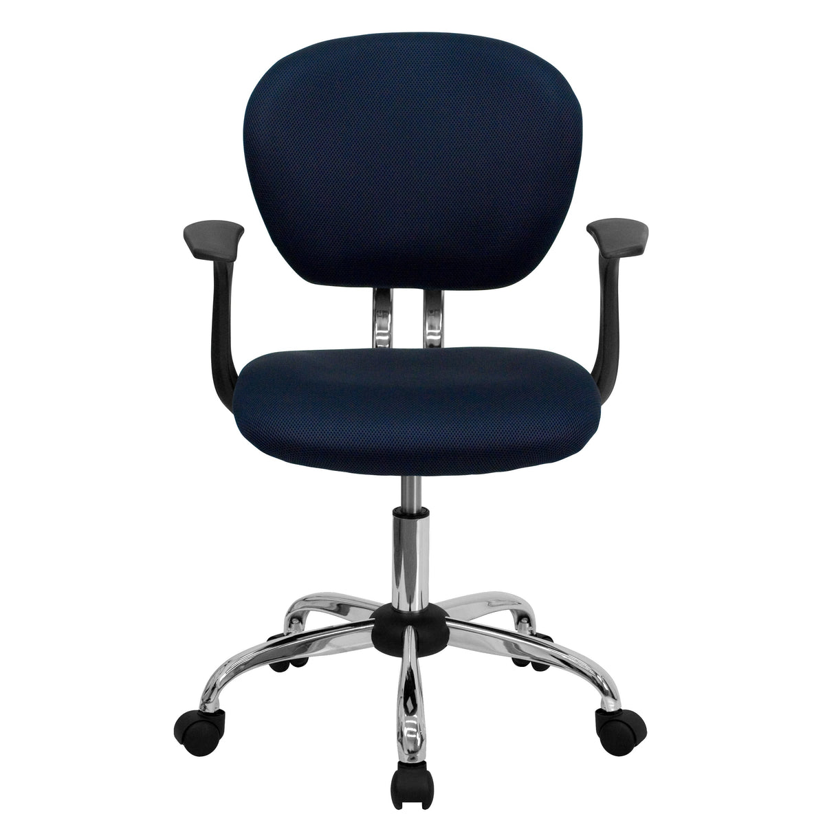 Navy |#| Mid-Back Navy Mesh Padded Swivel Task Office Chair with Chrome Base and Arms