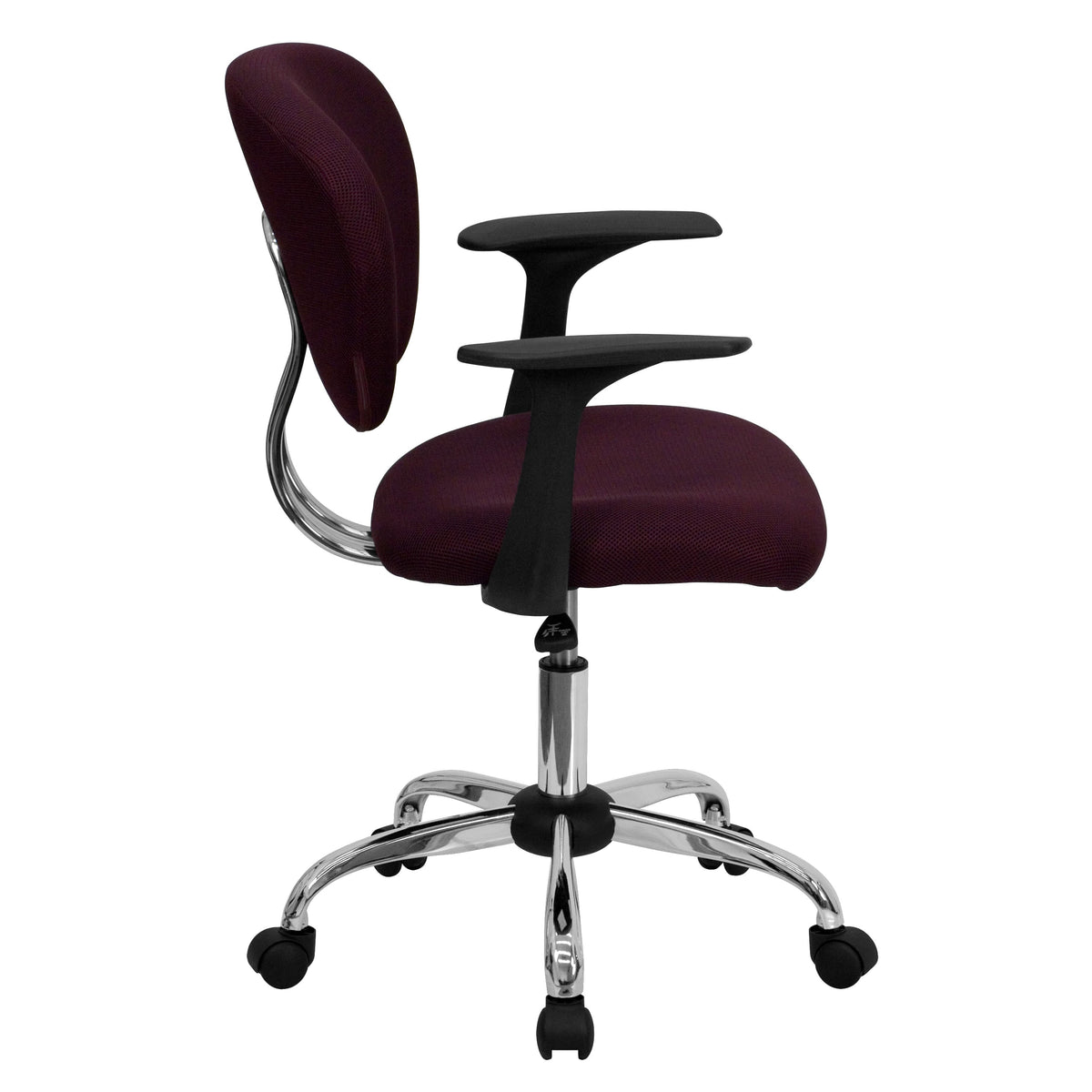 Burgundy |#| Mid-Back Burgundy Mesh Padded Swivel Task Office Chair with Chrome Base and Arms