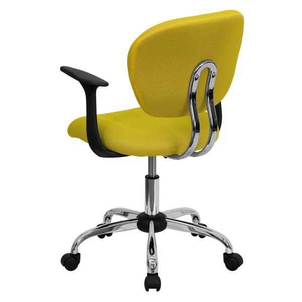 Yellow |#| Mid-Back Yellow Mesh Padded Swivel Task Office Chair with Chrome Base and Arms