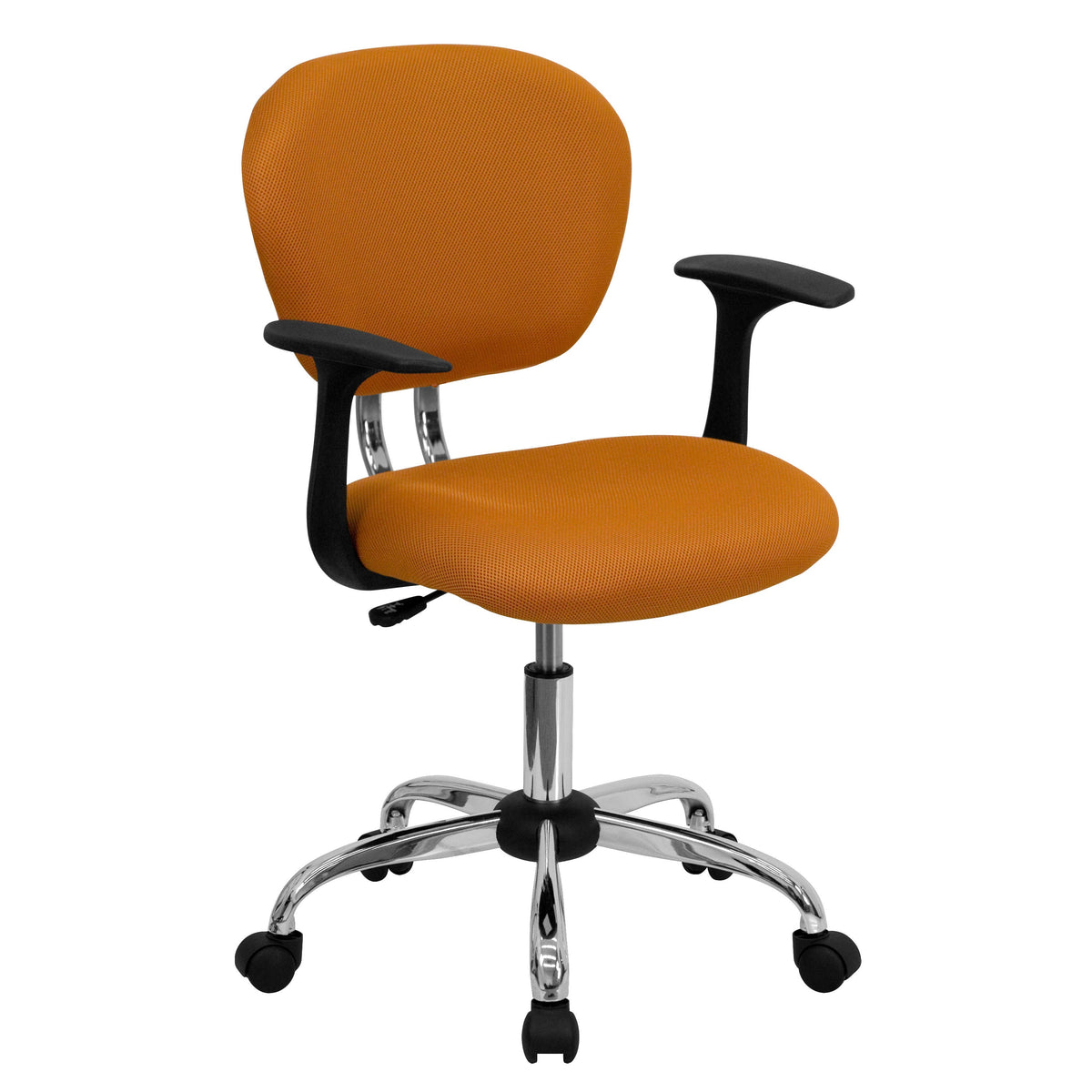 Orange |#| Mid-Back Orange Mesh Padded Swivel Task Office Chair with Chrome Base and Arms