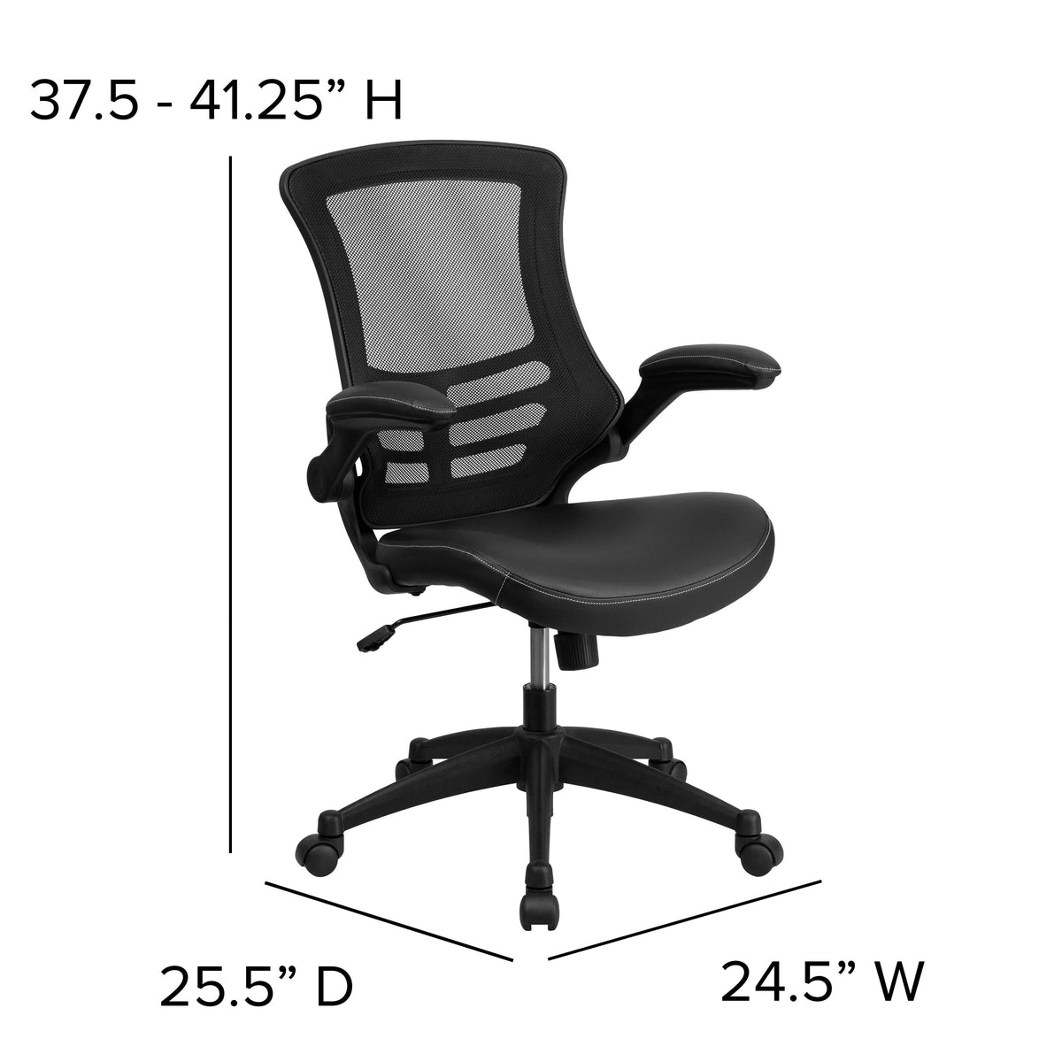 Black Mesh & LeatherSoft/Black Frame |#| Mid-Back Black Mesh Ergonomic Task Chair with LeatherSoft Seat and Flip-Up Arms