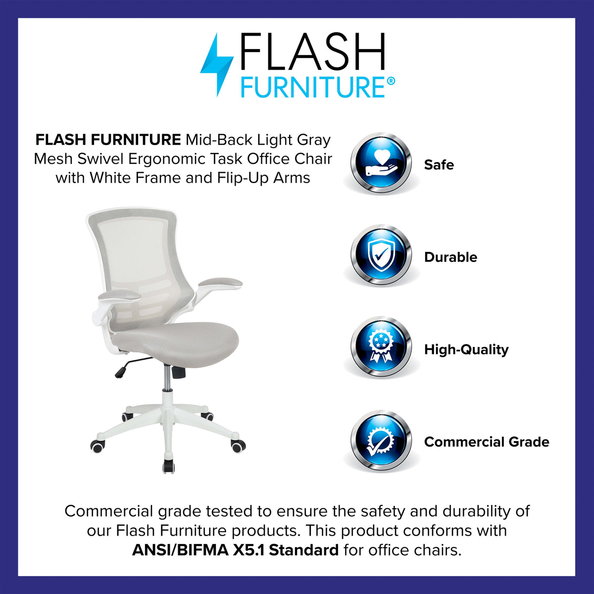 Light Gray Mesh/White Frame |#| Mid-Back Light Gray Mesh Ergonomic Task Office Chair, White Frame - Flip-Up Arms