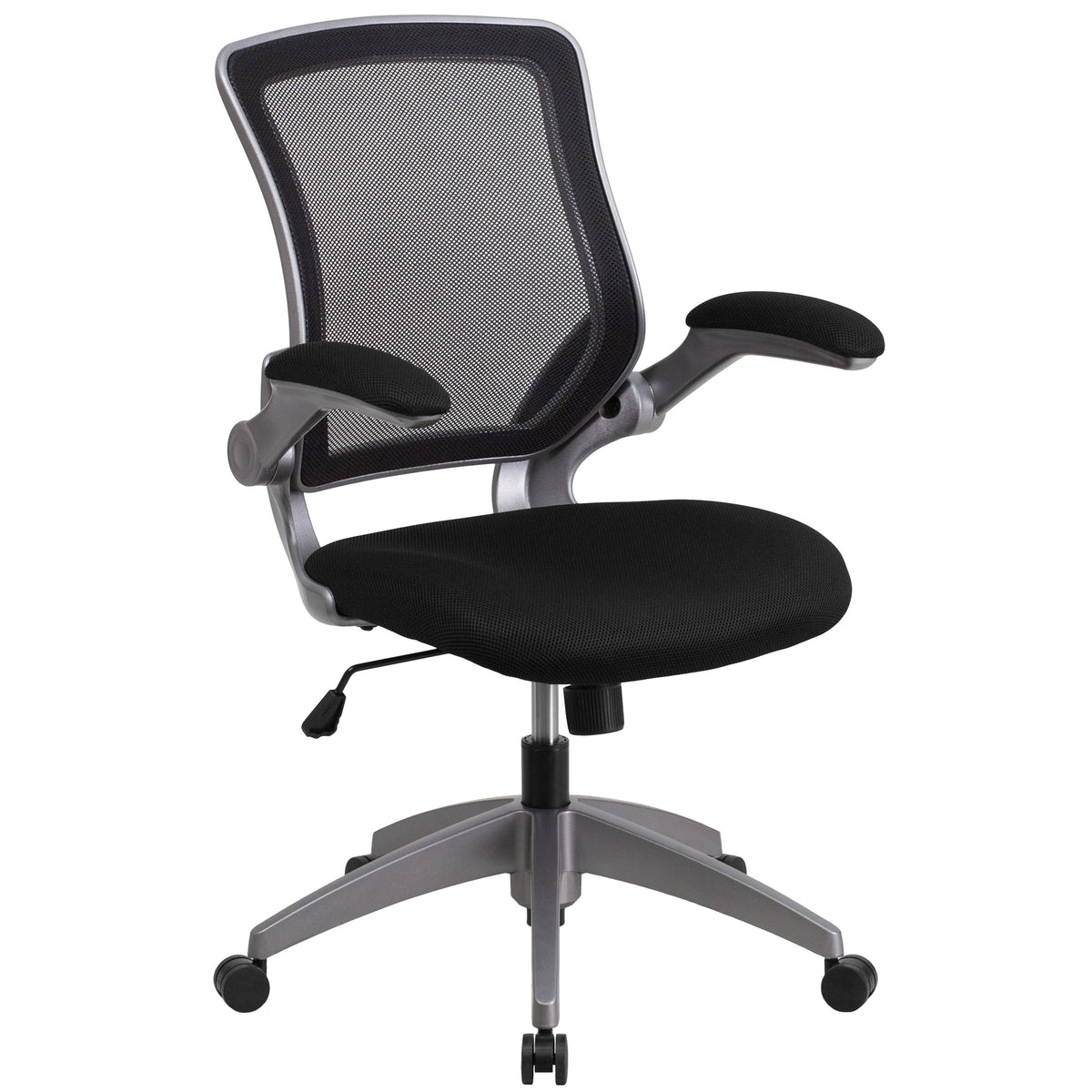 Black |#| Mid-Back Black Mesh Ergonomic Task Office Chair with Gray Frame and Flip-Up Arms