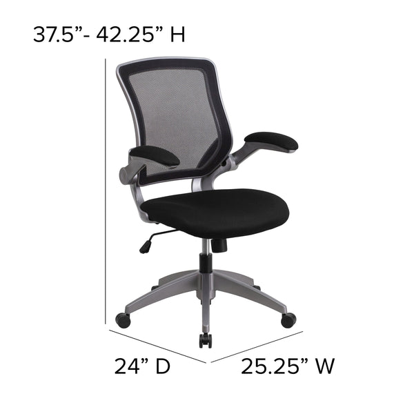 Black |#| Mid-Back Black Mesh Ergonomic Task Office Chair with Gray Frame and Flip-Up Arms