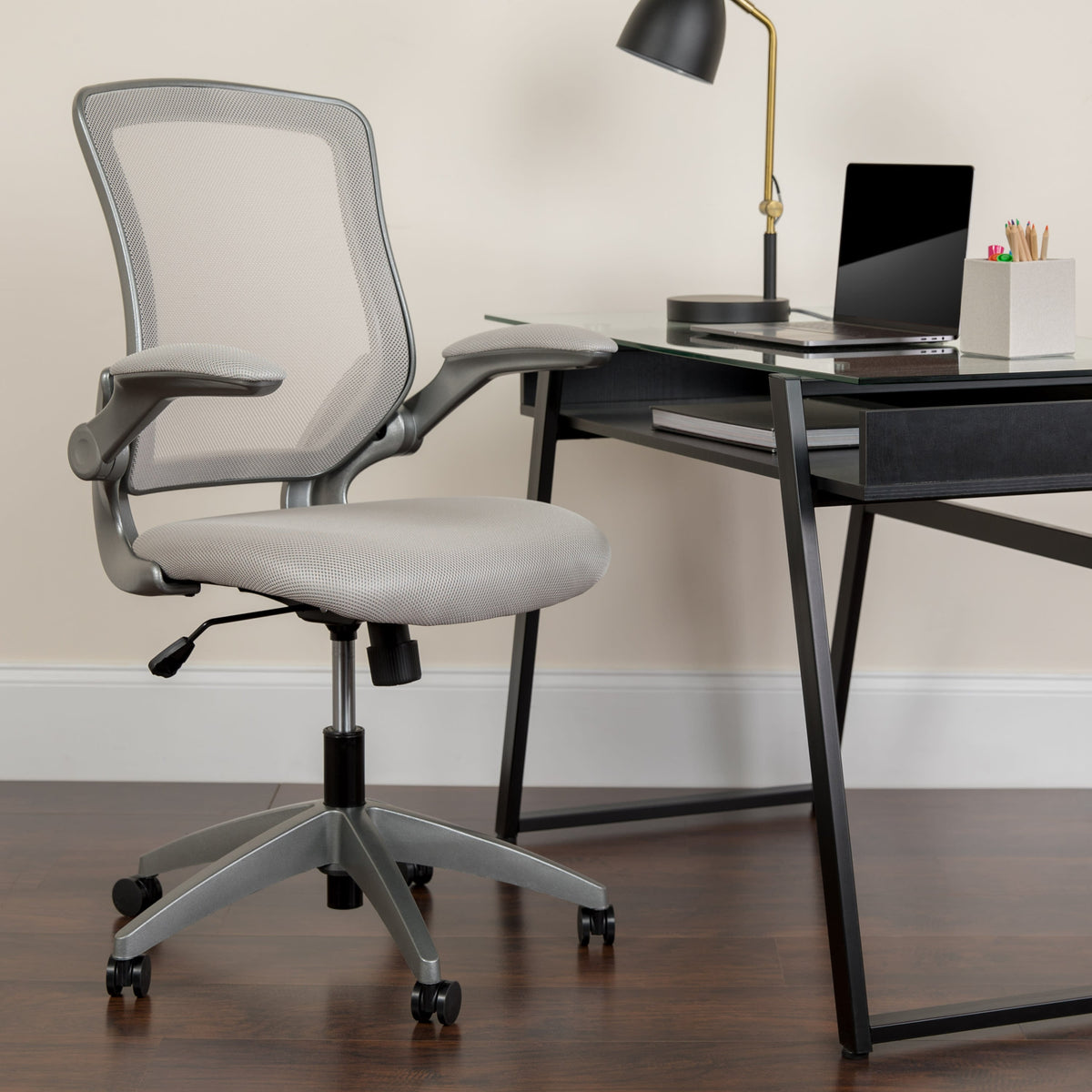 Gray |#| Mid-Back Gray Mesh Swivel Ergonomic Task Chair with Gray Frame and Flip-Up Arms