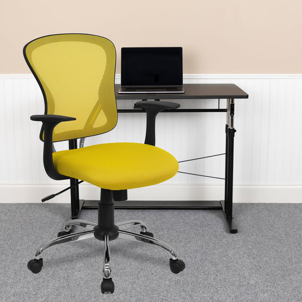 Yellow |#| Mid-Back Yellow Mesh Swivel Task Office Chair with Chrome Base and Arms