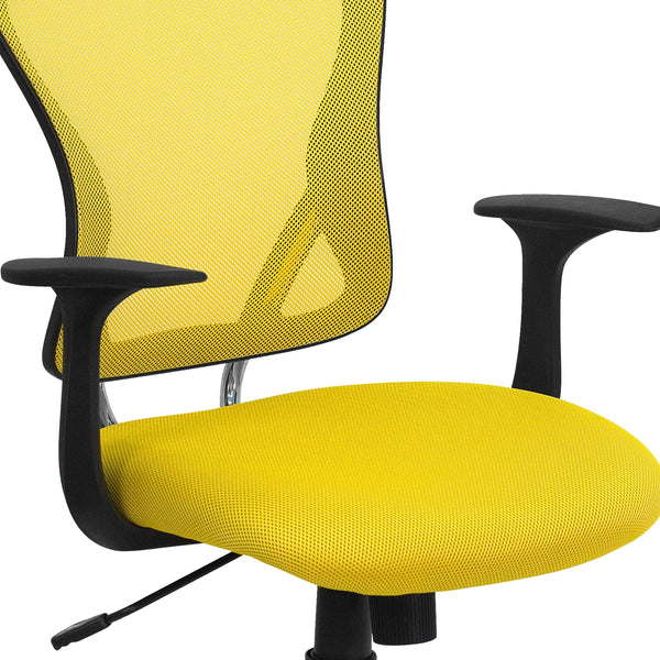 Yellow |#| Mid-Back Yellow Mesh Swivel Task Office Chair with Chrome Base and Arms