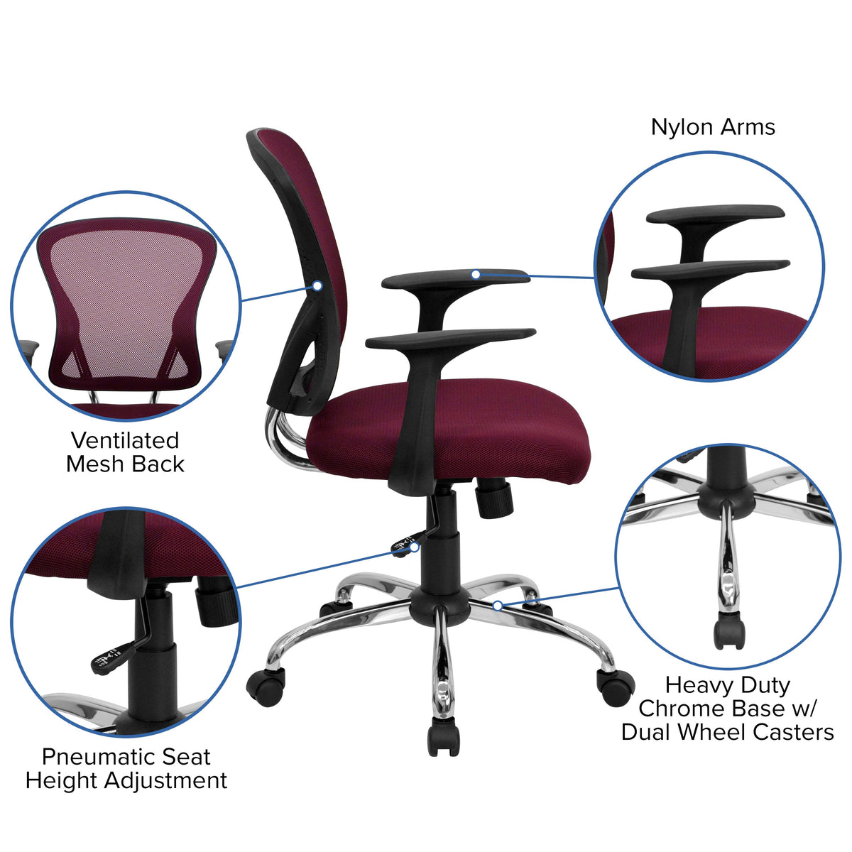 Burgundy |#| Mid-Back Burgundy Mesh Swivel Task Office Chair with Chrome Base and Arms