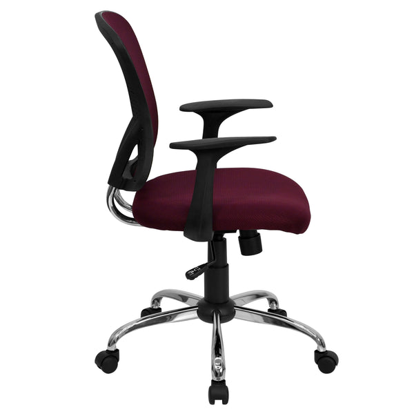Burgundy |#| Mid-Back Burgundy Mesh Swivel Task Office Chair with Chrome Base and Arms