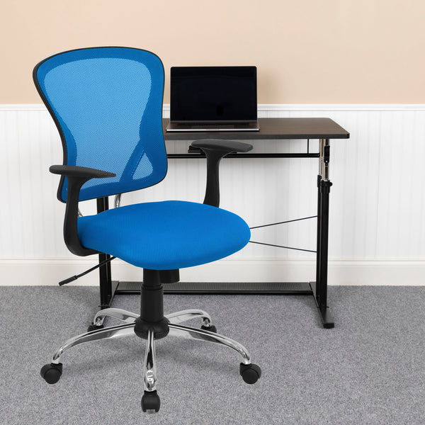 Blue |#| Mid-Back Blue Mesh Swivel Task Office Chair with Chrome Base and Arms