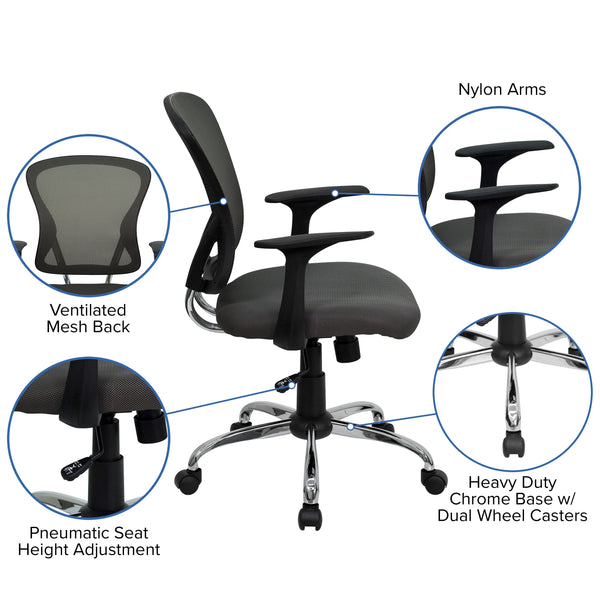 Dark Gray |#| Mid-Back Dark Gray Mesh Swivel Task Office Chair with Chrome Base and Arms