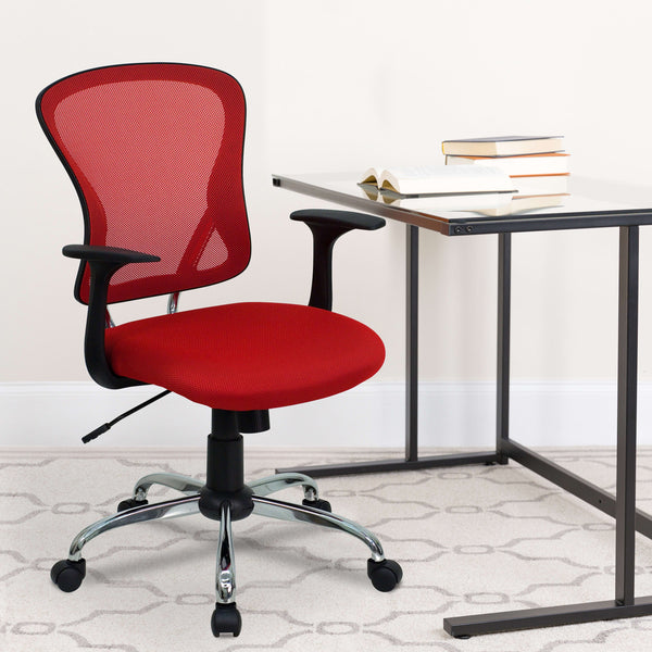 Red |#| Mid-Back Red Mesh Swivel Task Office Chair with Chrome Base and Arms
