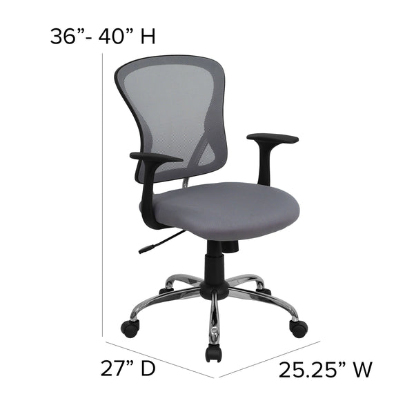 Gray |#| Mid-Back Gray Mesh Swivel Task Office Chair with Chrome Base and Arms