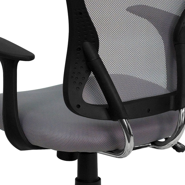 Gray |#| Mid-Back Gray Mesh Swivel Task Office Chair with Chrome Base and Arms