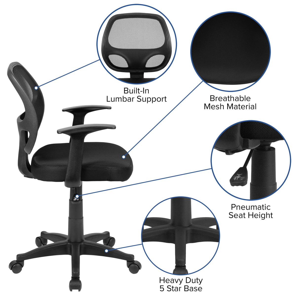 Mid-Back Black Mesh Swivel Task Office Chair with T-Arms - Desk Chair