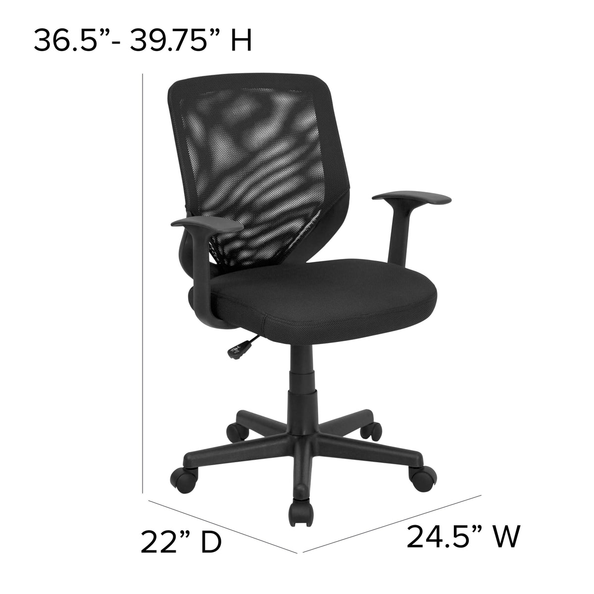 Mid-Back Black Mesh Tapered Back Swivel Task Office Chair with T-Arms
