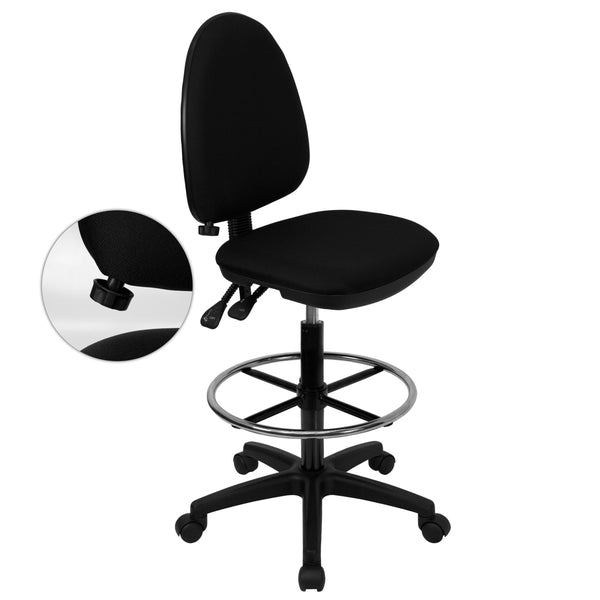 Black |#| Mid-Back Black Fabric Multifunction Drafting Chair w/ Adjustable Lumbar Support