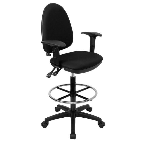 Black |#| Mid-Back Black Fabric Multifunction Drafting Chair w/ Adjustable Lumbar & Arms
