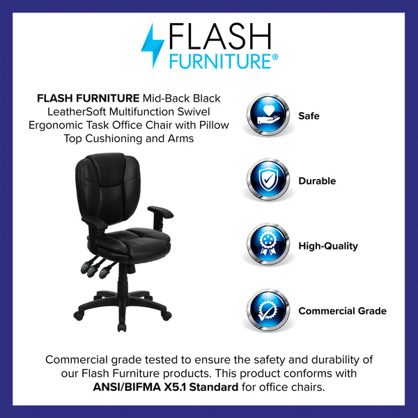 Black LeatherSoft |#| Mid-Back Black LeatherSoft Multifunction Office Chair with Pillow Top Cushioning