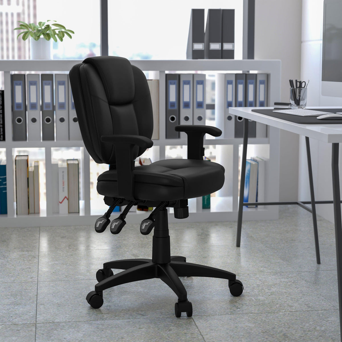 Black LeatherSoft |#| Mid-Back Black LeatherSoft Multifunction Office Chair with Pillow Top Cushioning