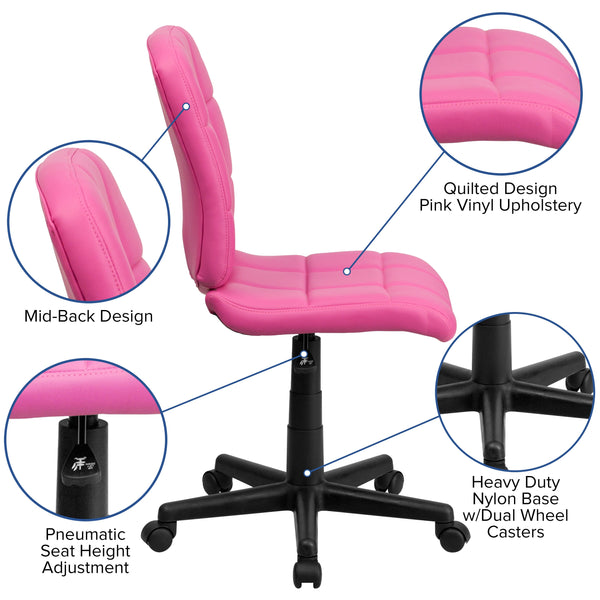 Pink |#| Mid-Back Pink Quilted Vinyl Swivel Task Office Chair - Home Office Chair