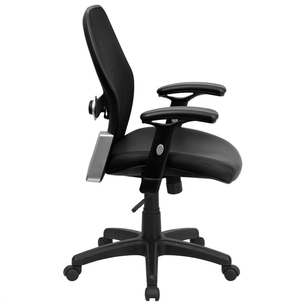 Black Mesh & LeatherSoft |#| Mid-Back Black Super Mesh Office Chair w/LeatherSoft Seat with Adjustable Lumbar