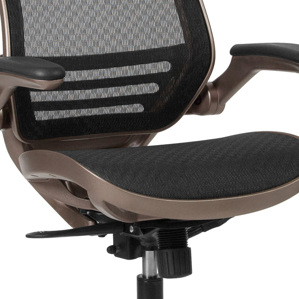 Black Mesh/Gold Frame |#| Black Mid-Back Mesh Executive Office Chair with Gold Frame and Flip-Up Arms