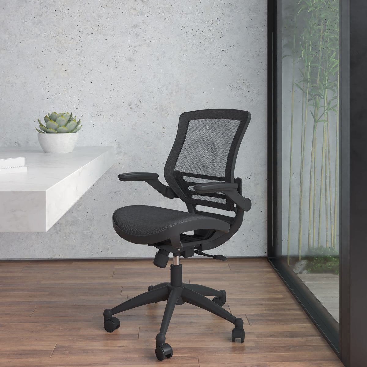 Black Mesh/Black Frame |#| Black Mid-Back Mesh Executive Office Chair with Black Frame and Flip-Up Arms