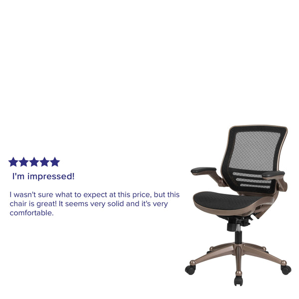 Black Mesh/Gold Frame |#| Black Mid-Back Mesh Executive Office Chair with Gold Frame and Flip-Up Arms