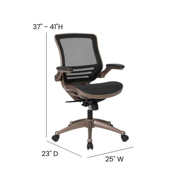 Black Mesh/Gold Frame |#| Black Mid-Back Mesh Executive Office Chair with Gold Frame and Flip-Up Arms