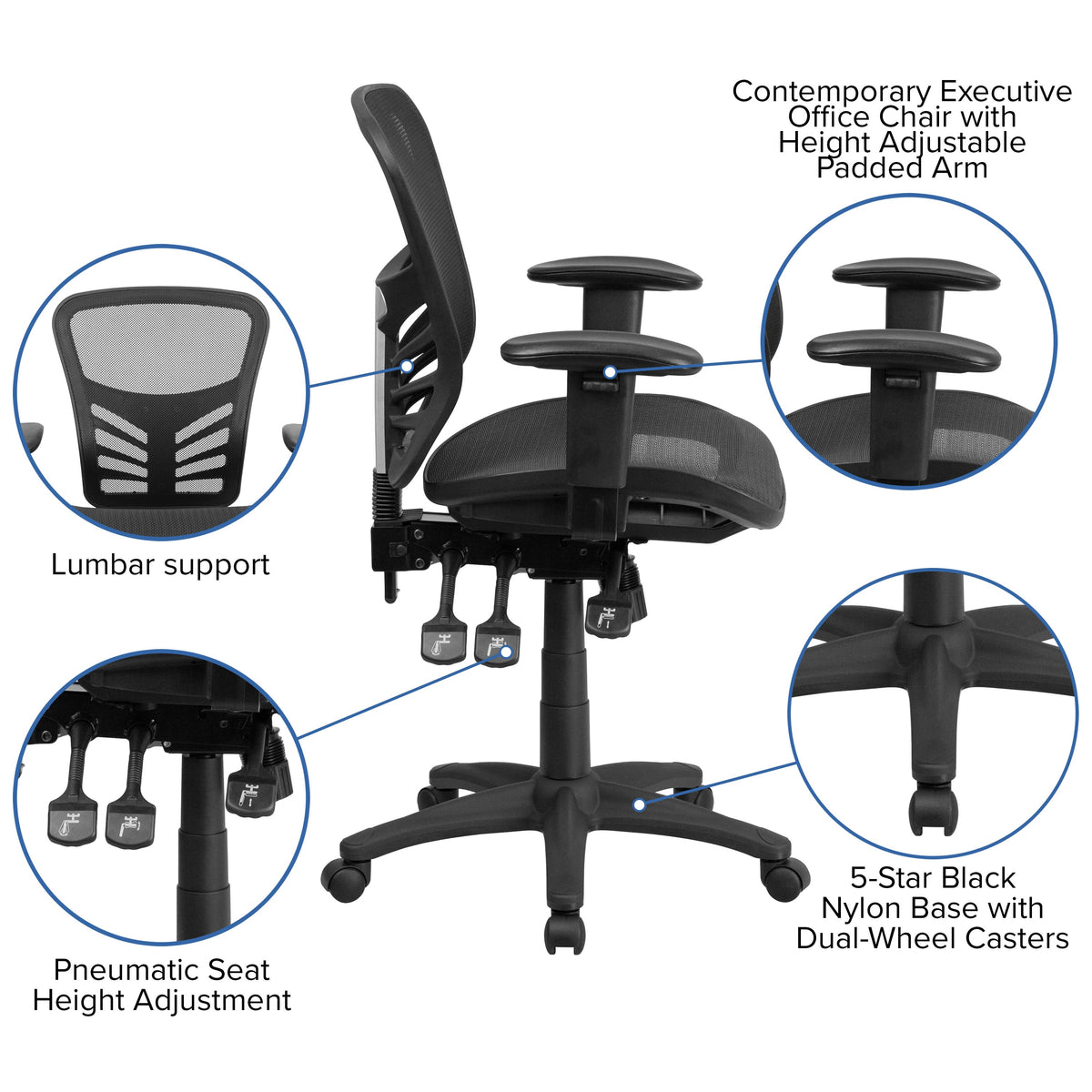 Mid-Back Black Mesh Multifunction Ergonomic Office Chair with Adjustable Arms