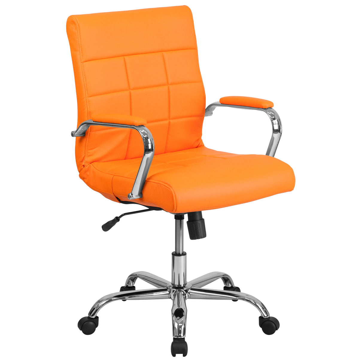 Orange |#| Mid-Back Orange Vinyl Executive Swivel Office Chair with Chrome Base and Arms