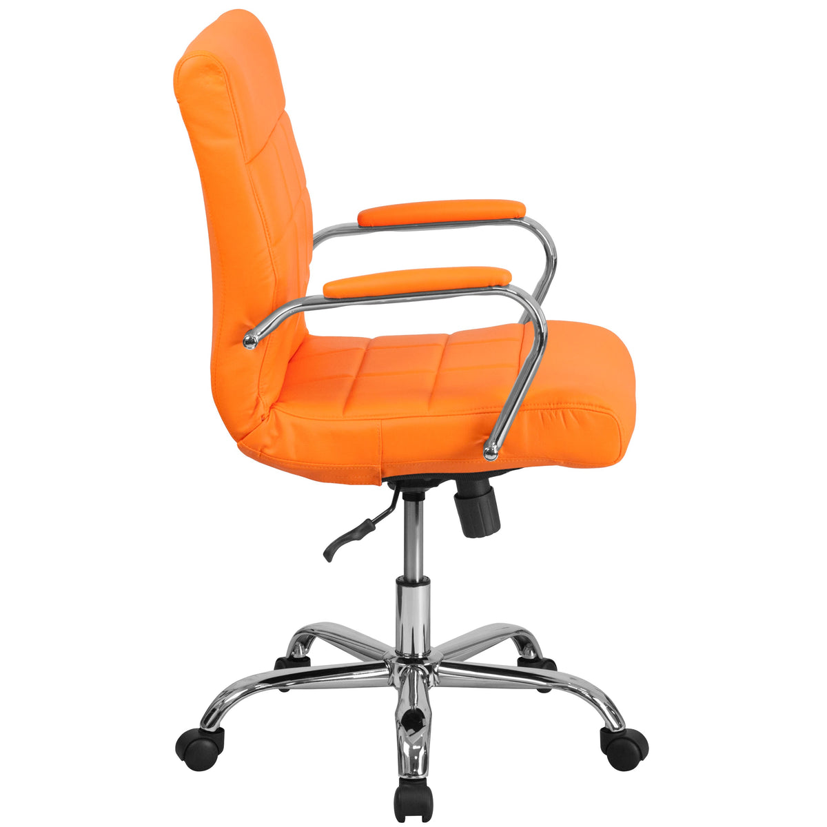 Orange |#| Mid-Back Orange Vinyl Executive Swivel Office Chair with Chrome Base and Arms