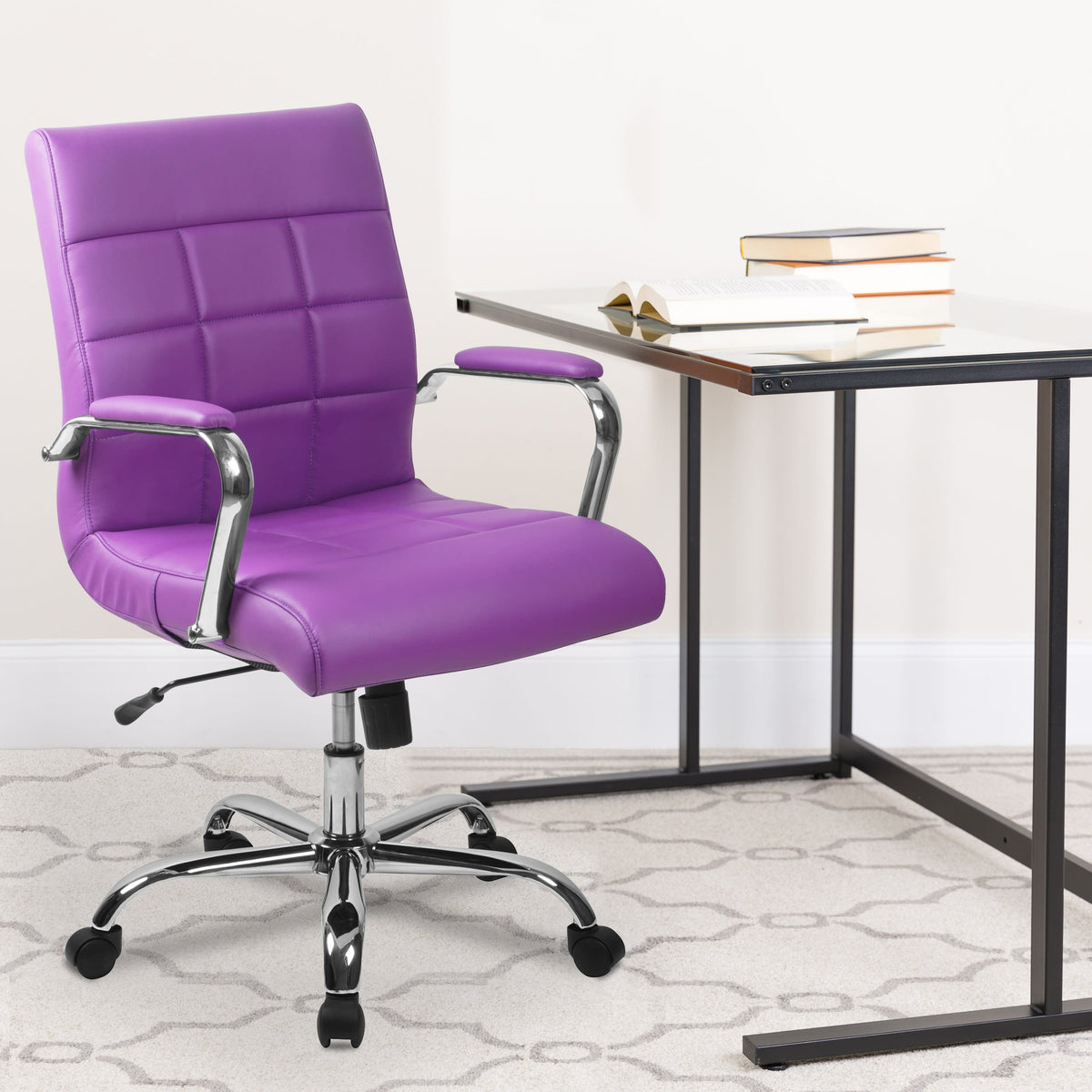 Purple |#| Mid-Back Purple Vinyl Executive Swivel Office Chair with Chrome Base and Arms