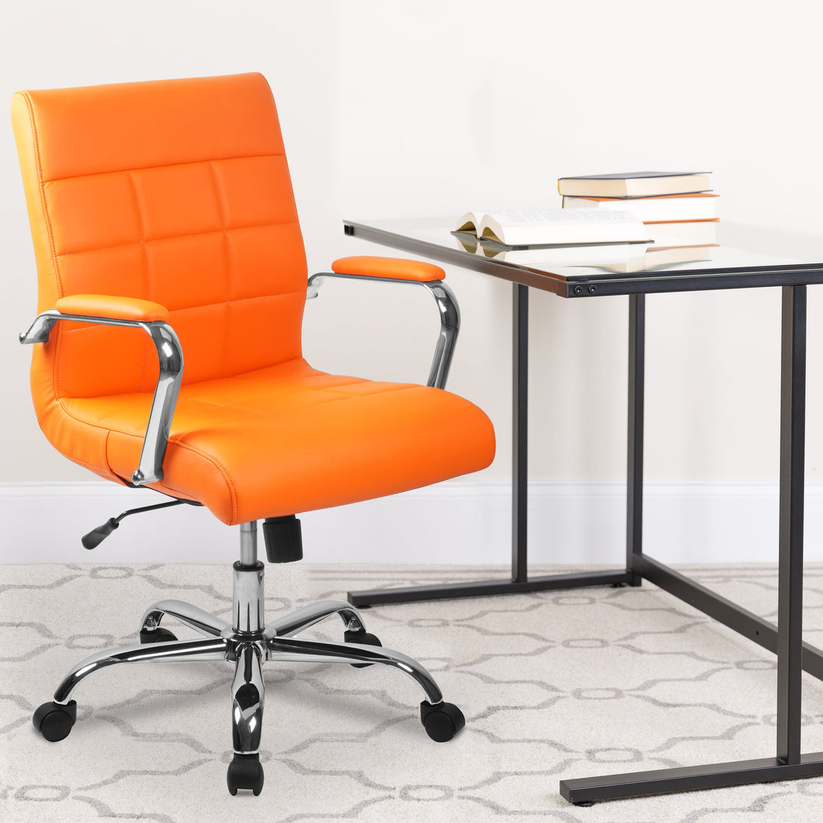 Orange |#| Mid-Back Orange Vinyl Executive Swivel Office Chair with Chrome Base and Arms