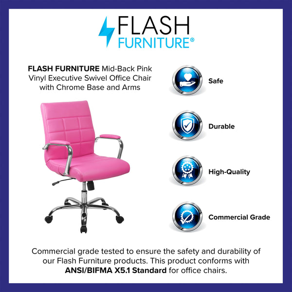 Pink |#| Mid-Back Pink Vinyl Executive Swivel Office Chair with Chrome Base and Arms