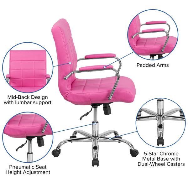 Pink |#| Mid-Back Pink Vinyl Executive Swivel Office Chair with Chrome Base and Arms