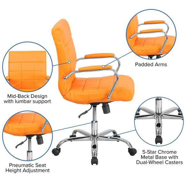 Orange |#| Mid-Back Orange Vinyl Executive Swivel Office Chair with Chrome Base and Arms