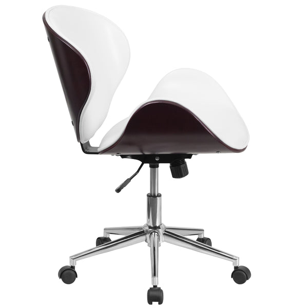 White LeatherSoft/Mahogany Frame |#| Mid-Back Mahogany Wood Conference Office Chair in White LeatherSoft