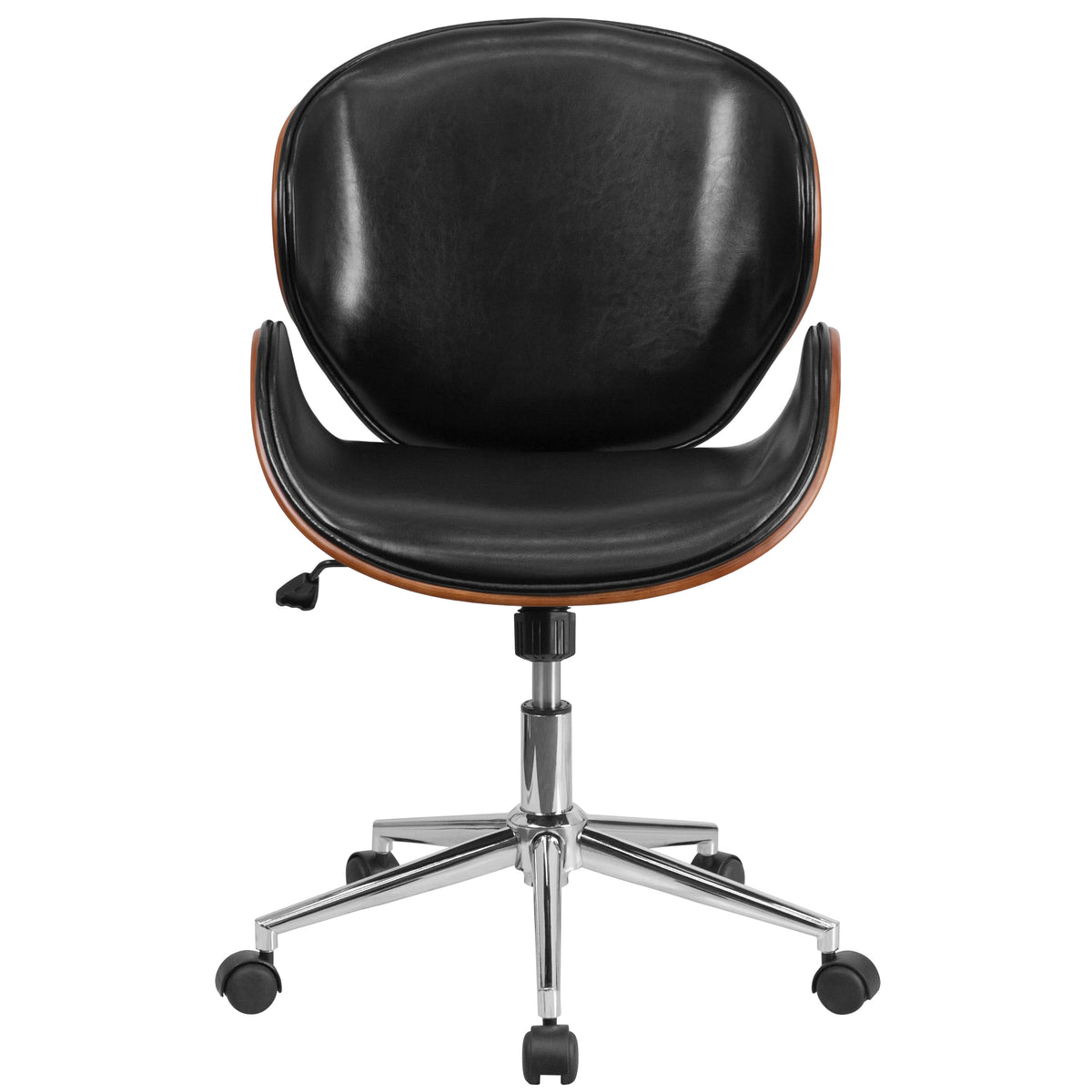 Black LeatherSoft/Walnut Frame |#| Mid-Back Walnut Wood Conference Office Chair in Black LeatherSoft