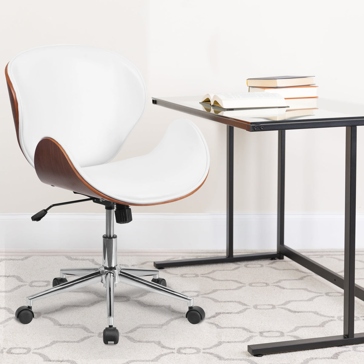 White LeatherSoft/Walnut Frame |#| Mid-Back Walnut Wood Conference Office Chair in White LeatherSoft