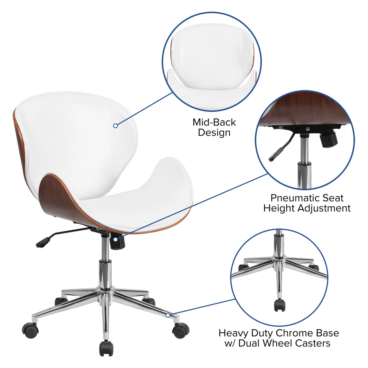 White LeatherSoft/Walnut Frame |#| Mid-Back Walnut Wood Conference Office Chair in White LeatherSoft