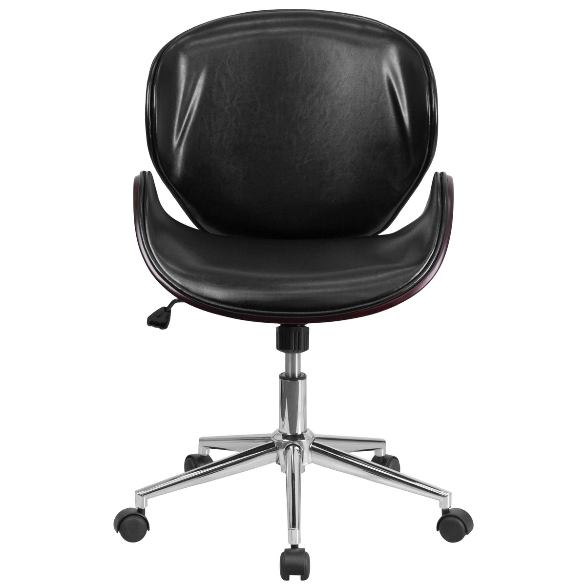 Black LeatherSoft/Mahogany Frame |#| Mid-Back Mahogany Wood Conference Office Chair in Black LeatherSoft