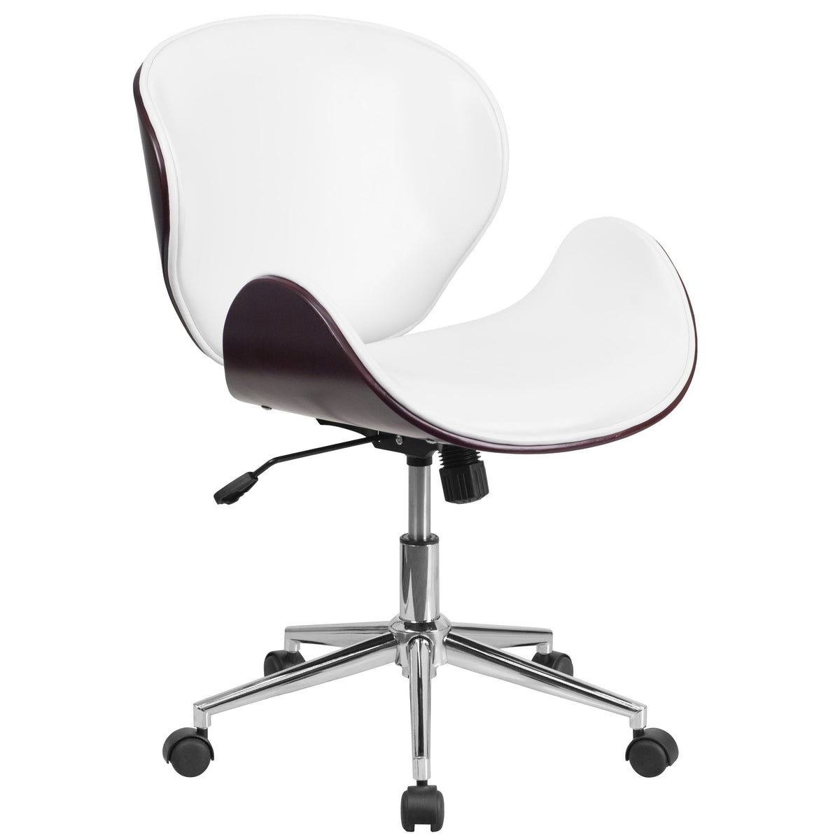 White LeatherSoft/Mahogany Frame |#| Mid-Back Mahogany Wood Conference Office Chair in White LeatherSoft