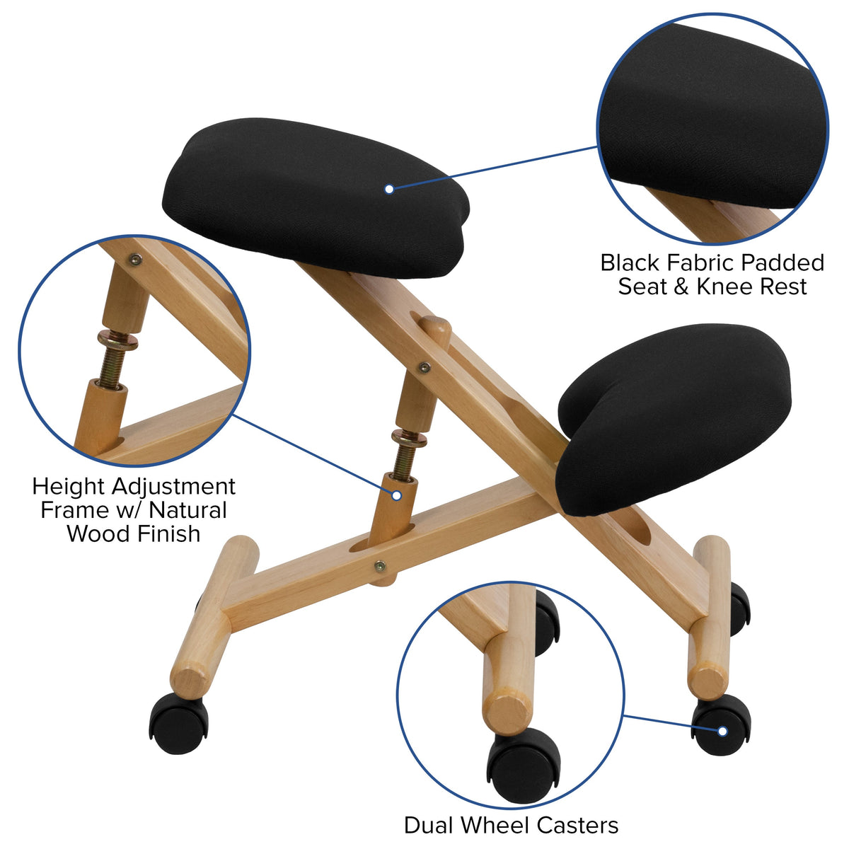 Mobile Wooden Ergonomic Kneeling Office Chair in Black Fabric